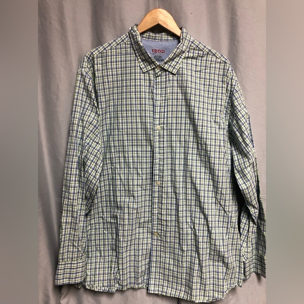 Izod XXL lightweight Poplin shirt, light, green navy light blue white plaid